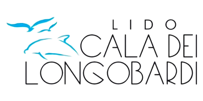 Logo del Lido Cala dei Longobardi con un delfino e due gabbiani sopra la scritta “Lido Cala dei Longobardi”, nei toni dell’azzurro.