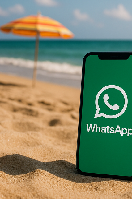 Contatto WhatsApp Lido Cala dei Longobardi Termoli Smartphone con logo WhatsApp sulla sabbia davanti al mare, contatto veloce del lido Cala dei Longobardi.